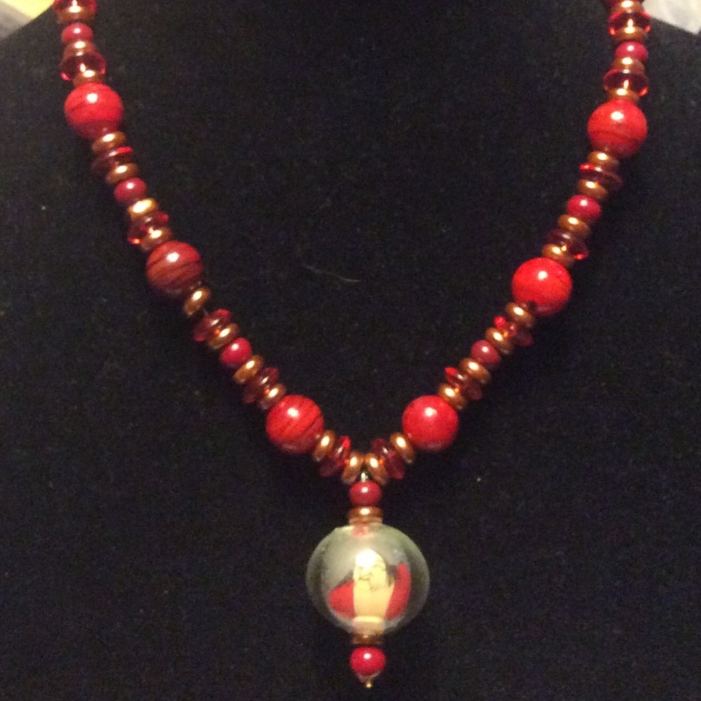 Red Glass Beads Featuring Hand-Painted Buddha within Glass Bead - Handmade.